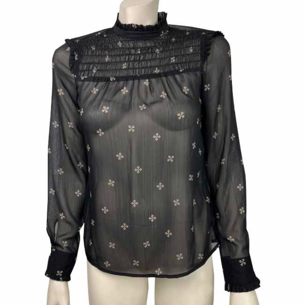 Who What Wear Black‎ Geometric Print Sheer Blouse